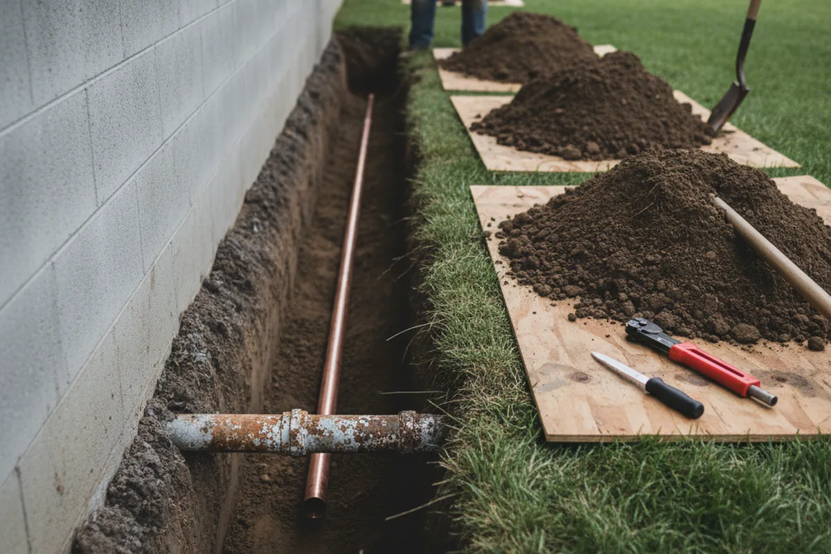 Excavated water line trench during Water Heater Repair in North Chili
